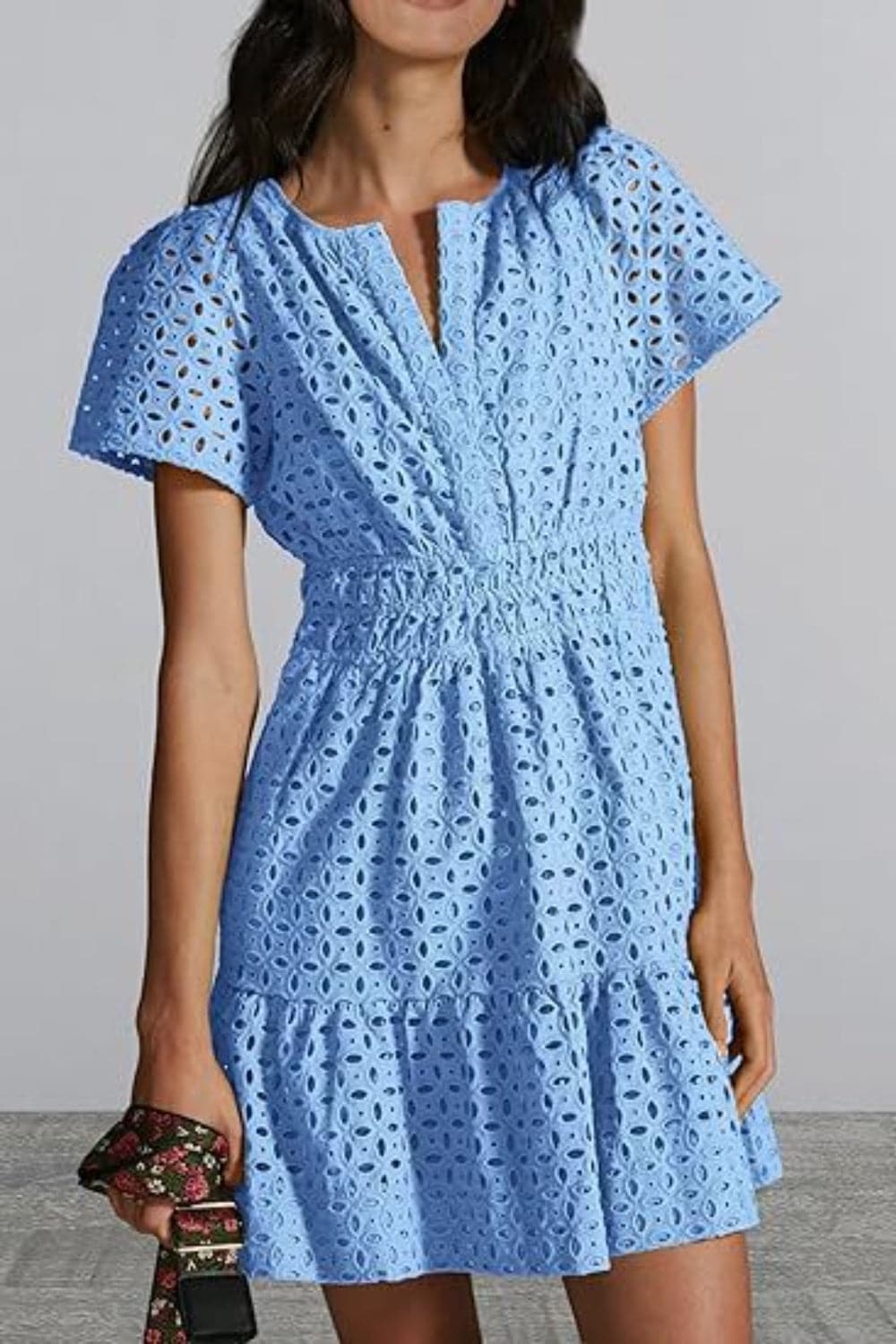 Sheer eyelet mini dress with sleeves