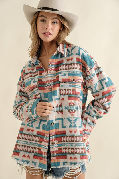 Boho Aztec Frayed Shacket