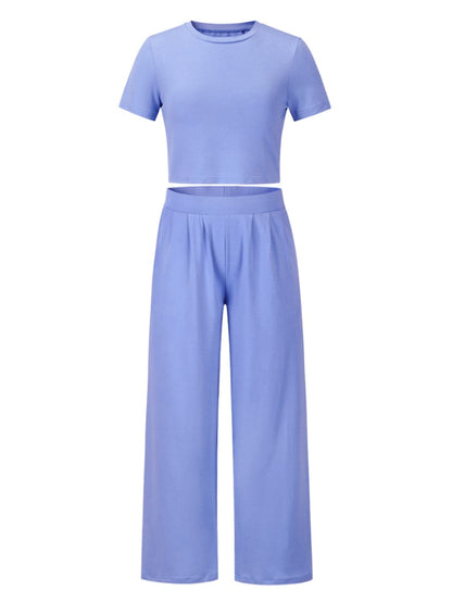 Round Neck Short Sleeve Top and Pocketed Pants Set.