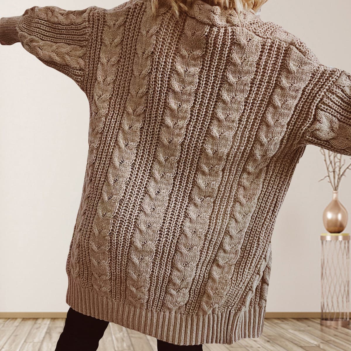 Cable-Knit Open Front Dropped Shoulder Cardigan.