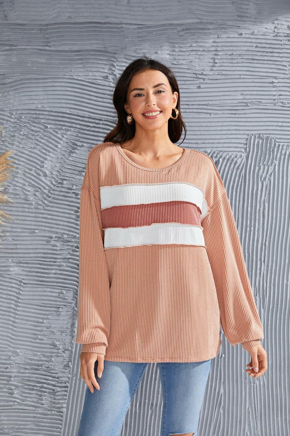 Ribbed Color Block Exposed Seam Round Neck Blouse.