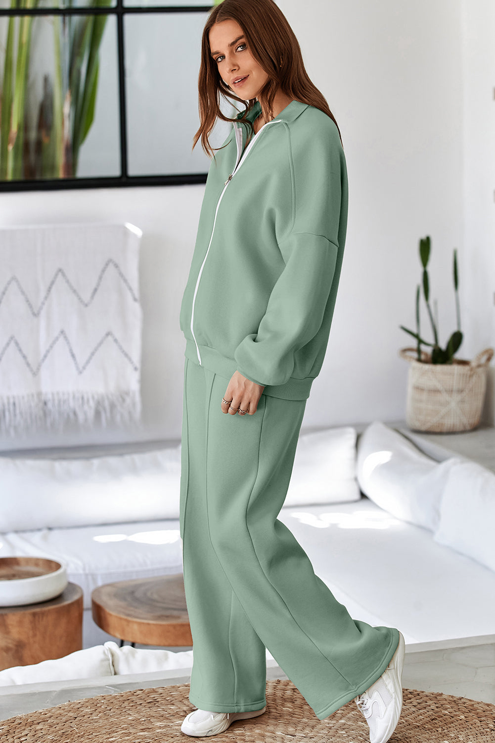 Premium Clearly Aqua Drop Shoulder Zip Up Jacket And Pants 2pcs Set