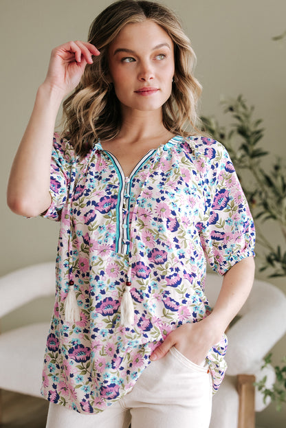 Vibrant Bohemian Floral V-Neck Half Sleeve Blouse in Multi-Color