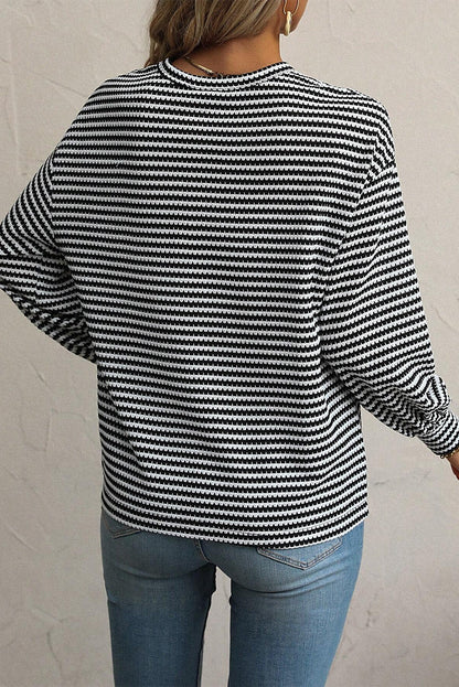 Chic black striped plus size drop shoulder long sleeve tee