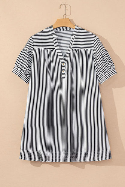 Plus Size Black Striped Short Sleeve V Neck Mini Dress with Pockets and Button Front