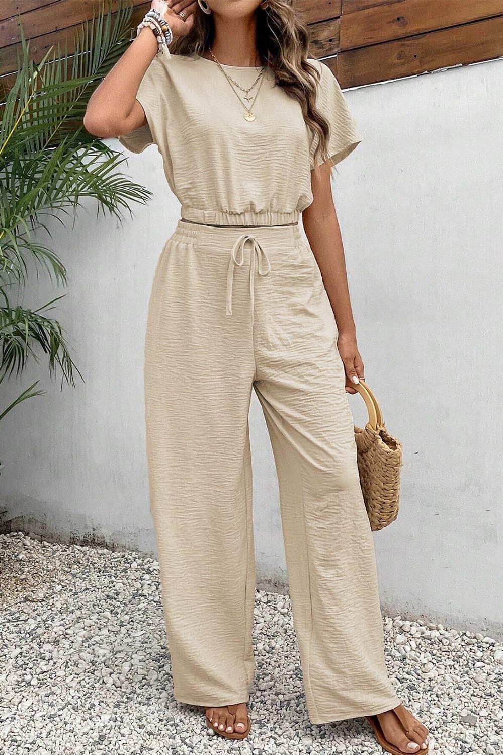 Round Neck Short Sleeve Top and Pants Set.