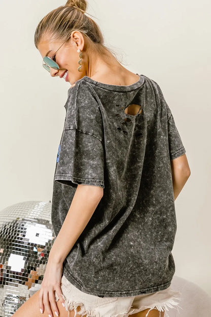 BiBi Laser Cut Mineral Washed Old Glory Lip Print Top - Love Salve 