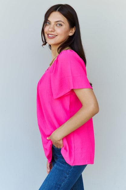 Ninexis fuchsia square neck short sleeve blouse with ruffle details