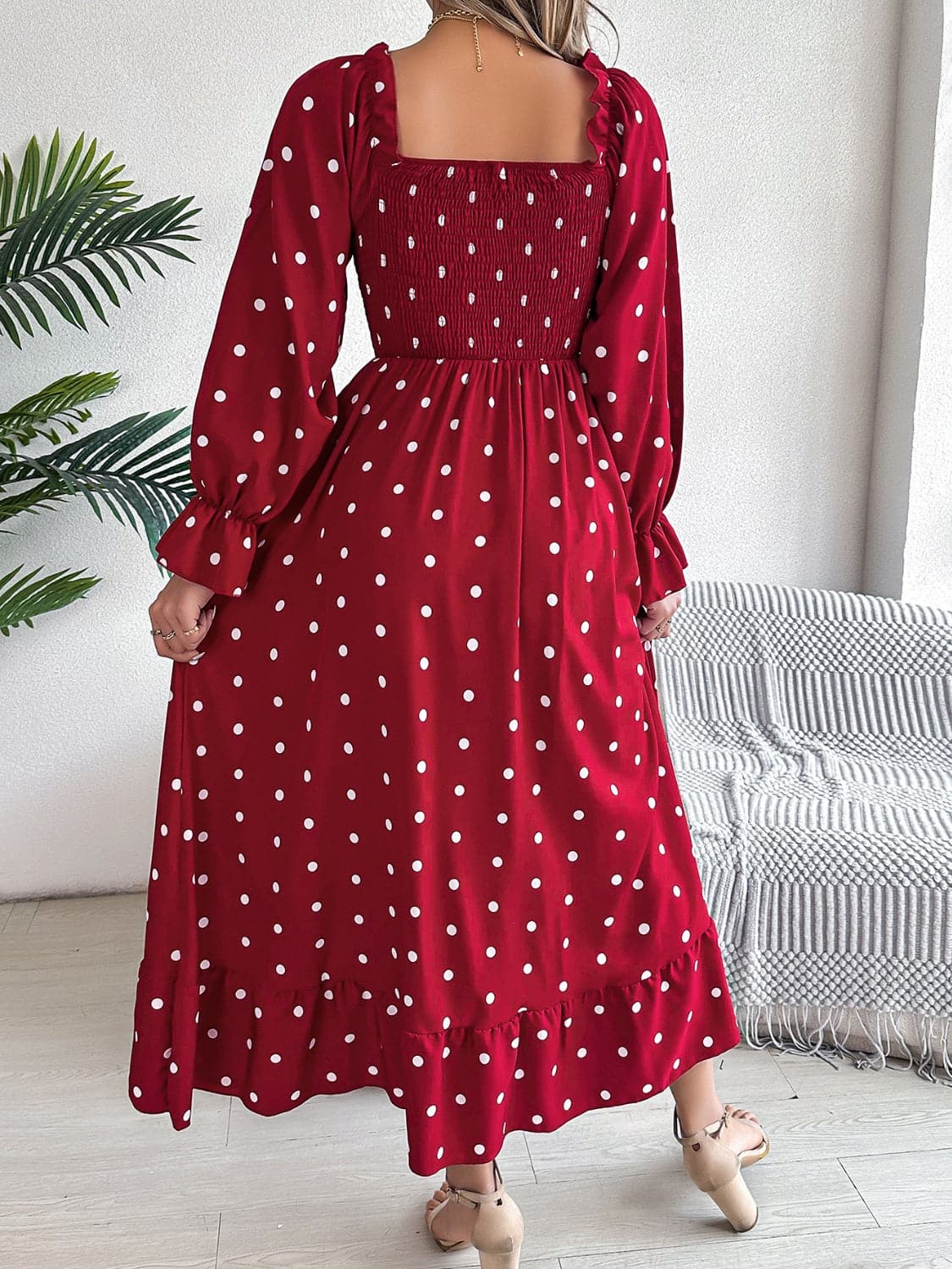 Polka Dot Flounce Sleeve Midi Dress.