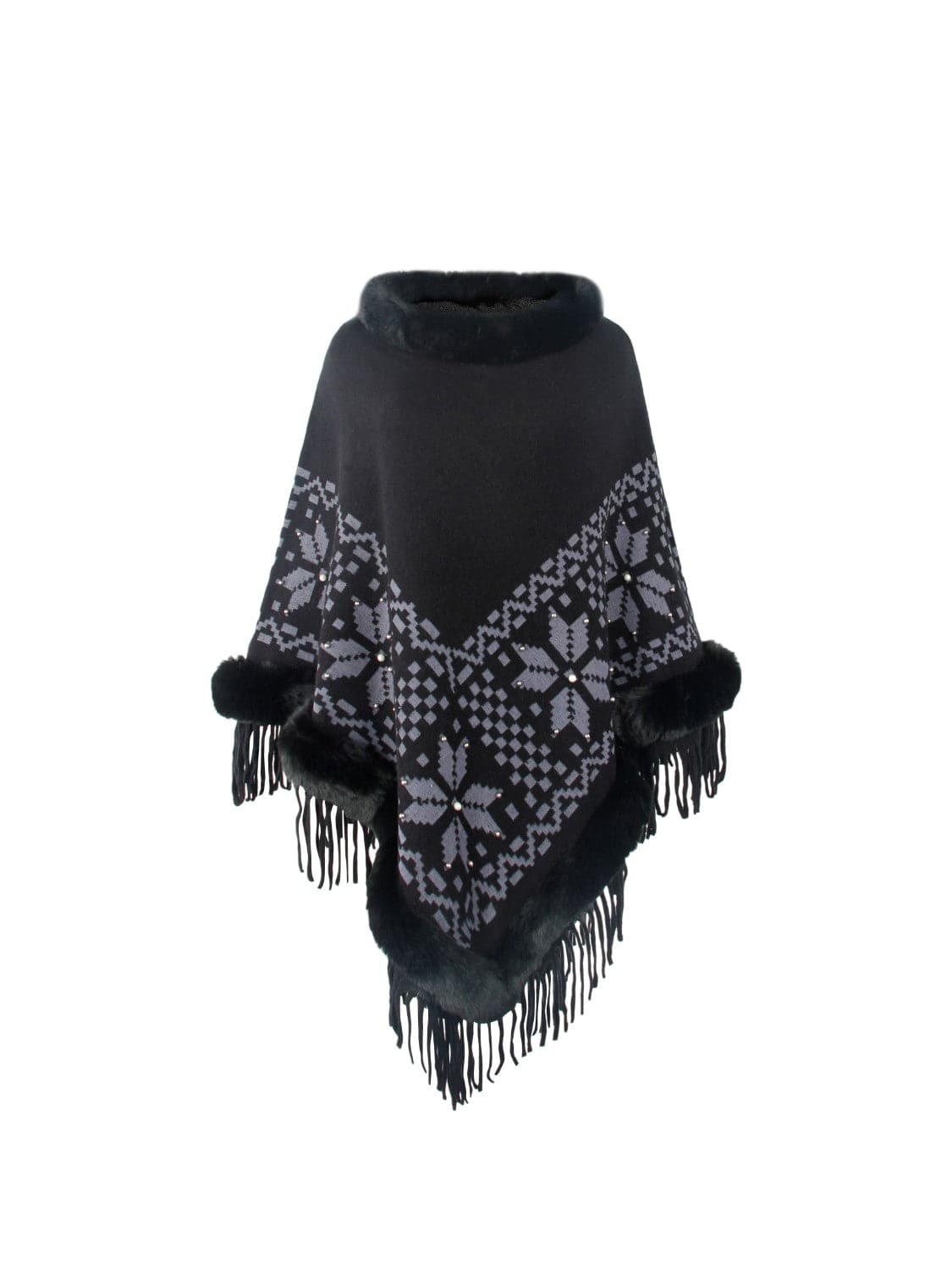 Fringe Geometric Cape Sleeve Poncho.