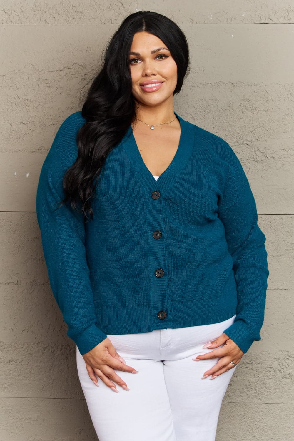 Zenana Kiss Me Tonight Full Size Button Down Cardigan in Teal.