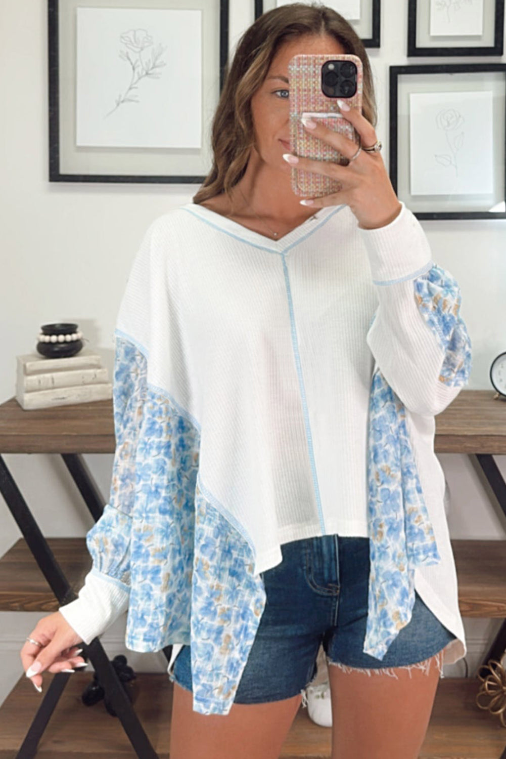 Chic white floral patchwork batwing blouse with V-neck design