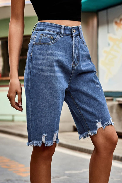 Raw Hem High Waist Denim Shorts with Pockets.