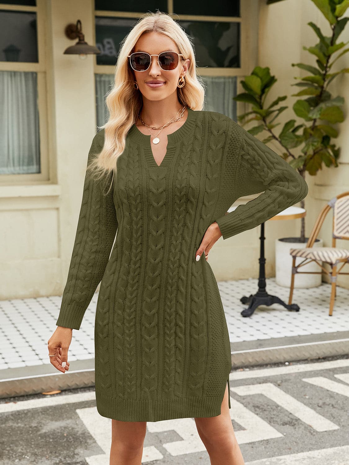 Notched Neck Cable-Knit Slit Sweater Dress.