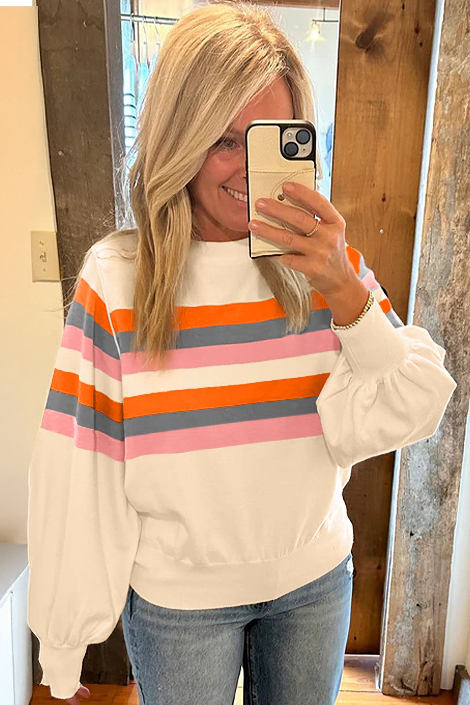 Beige Stripe Puff Sleeve Casual Pullover Sweatshirt For Women Cozy Knit Jumper Everyday Comfort Dear-Lover Dropshipping
