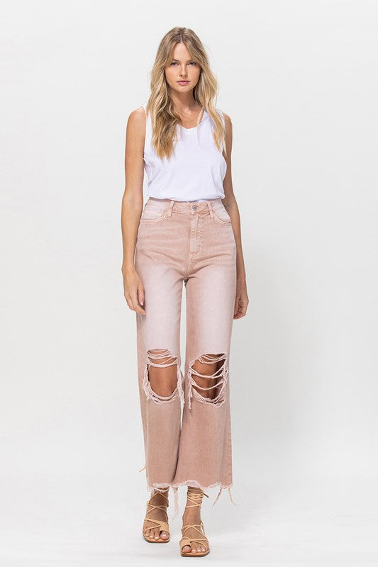 Rose Pink 90's Crop Flare Jeans