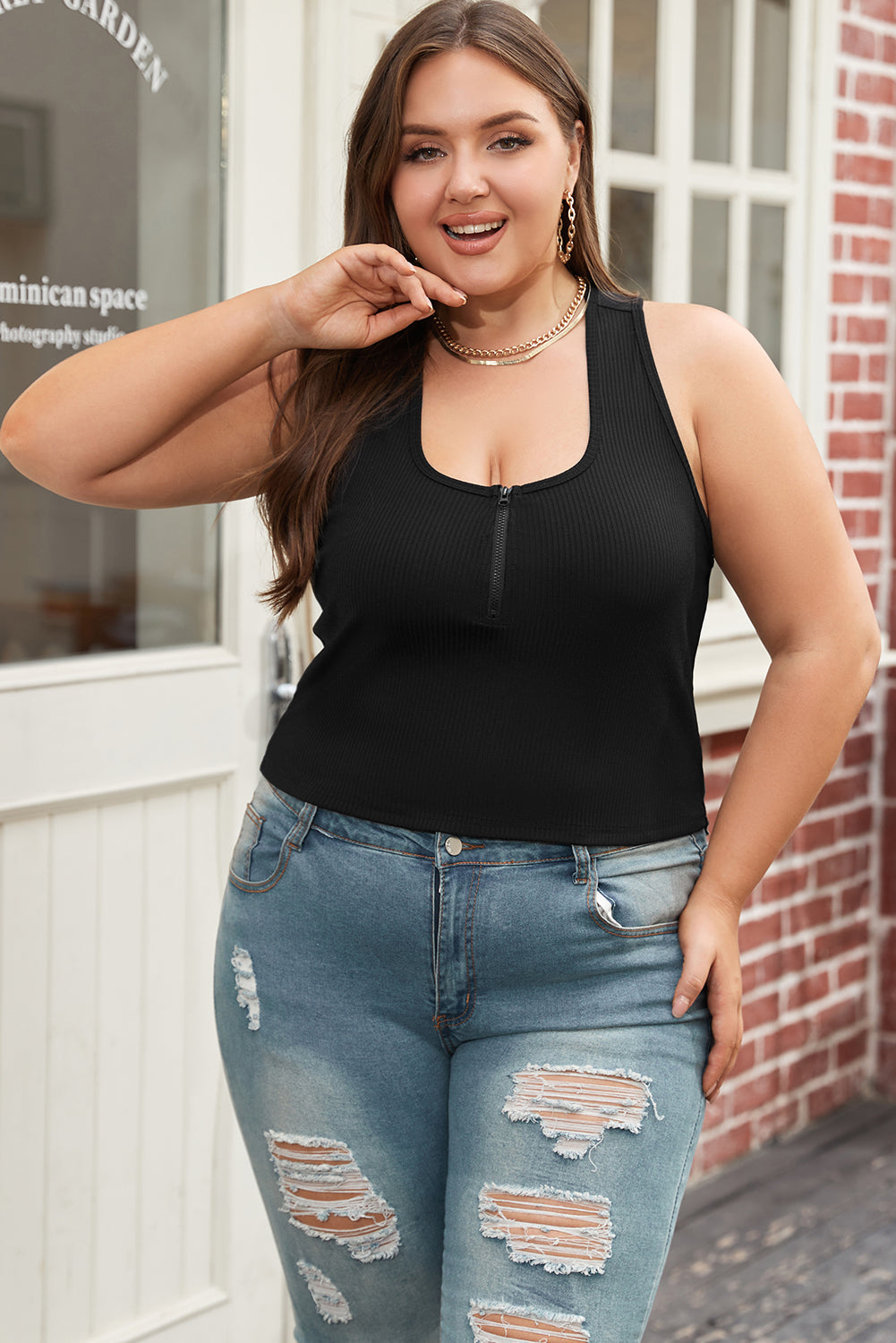 Chic black plus size ribbed tank top with zipper front detail