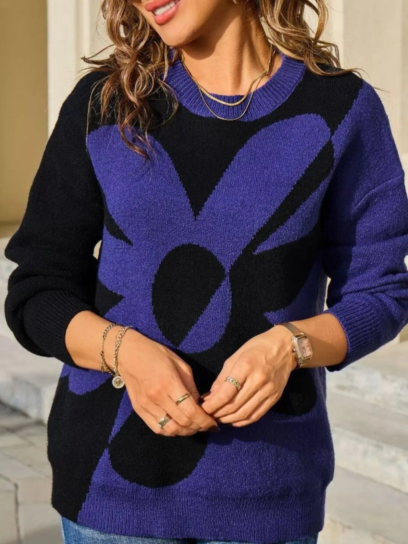 Floral Pattern Color Block Sweater Simply Love