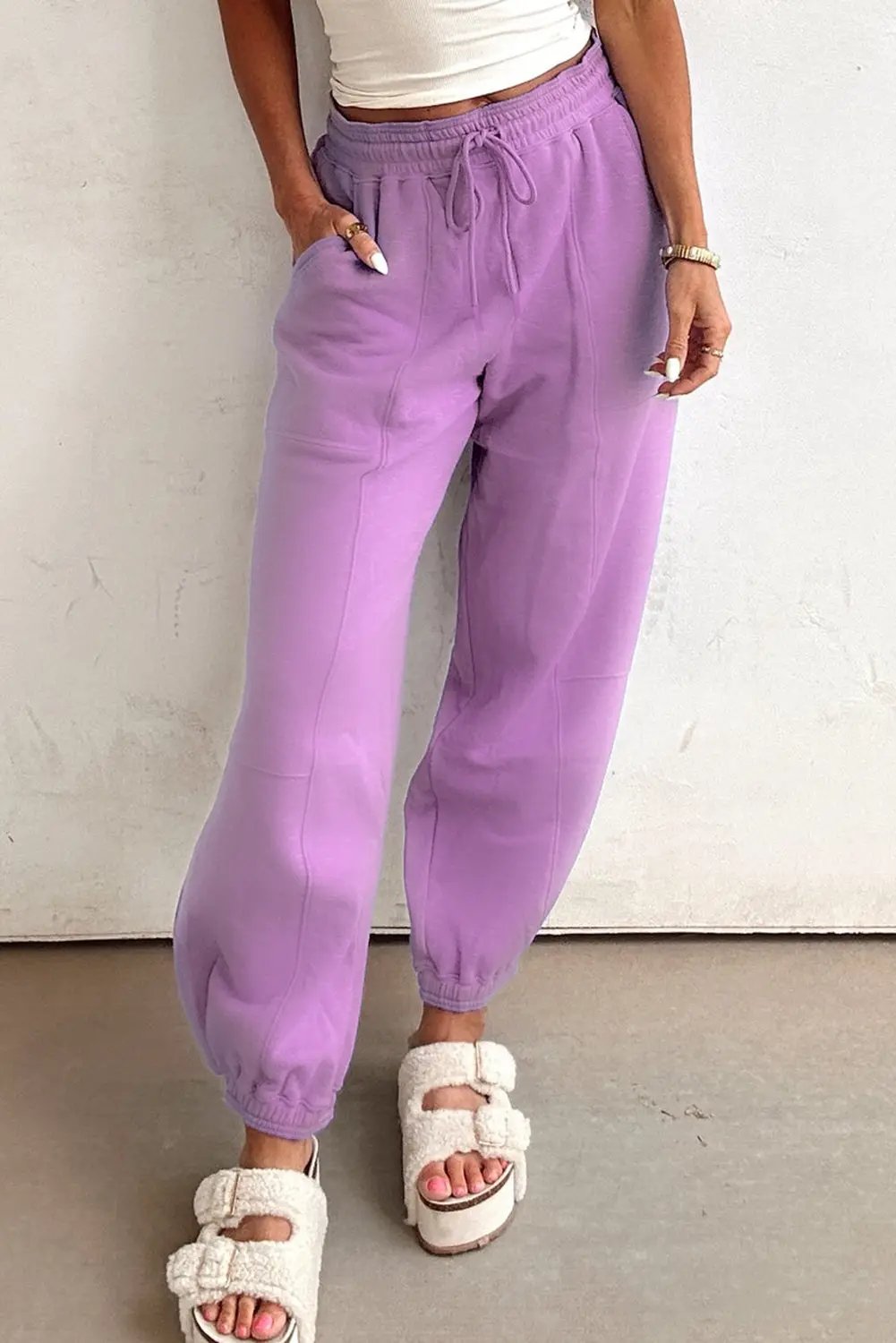 Lilac Drawstring Waist Patchwork Solid Color Jogger Pants Love Salve