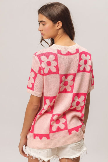 BiBi Flower Checker Pattern Short Sleeve Sweater.