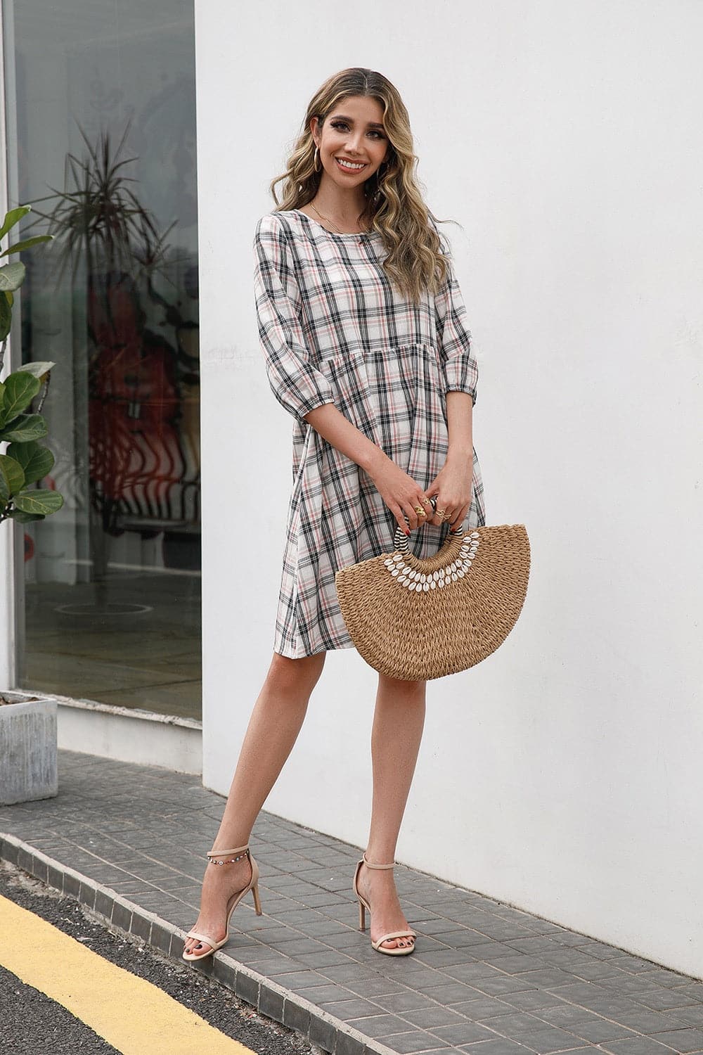 Plaid Round Neck Mini Dress.