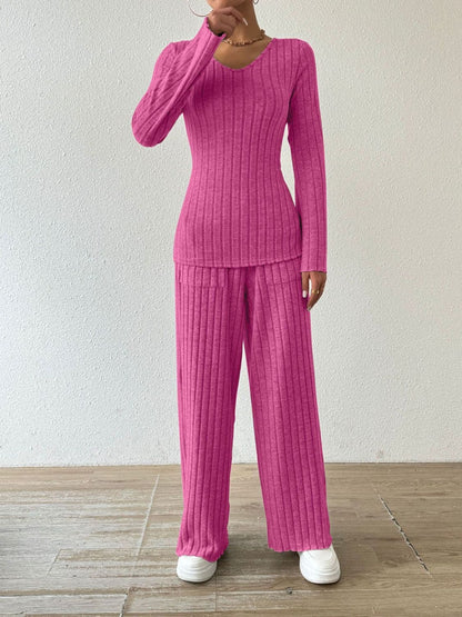 Chic ribbed V-neck long sleeve top and pocketed lounge pants set