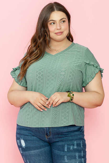 Laurel Green floral sleeve jacquard V-neck blouse for curvy figures