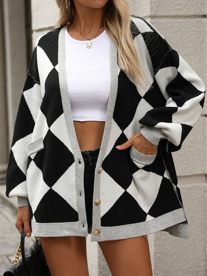 Checkered Dropped Shoulder Long Sleeve Cardigan.