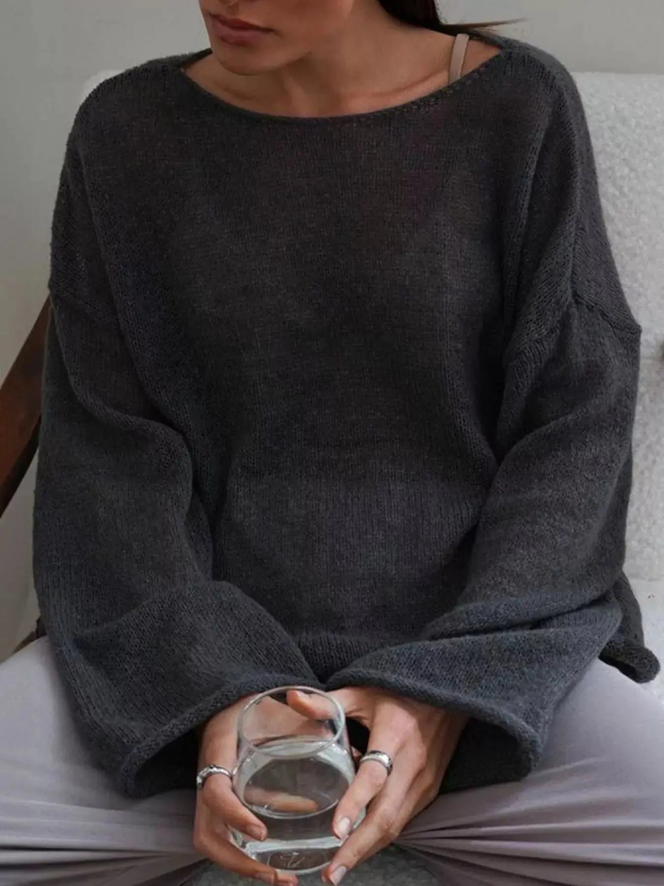 Boat Neck Dropped Shoulder Sweater Simply Love