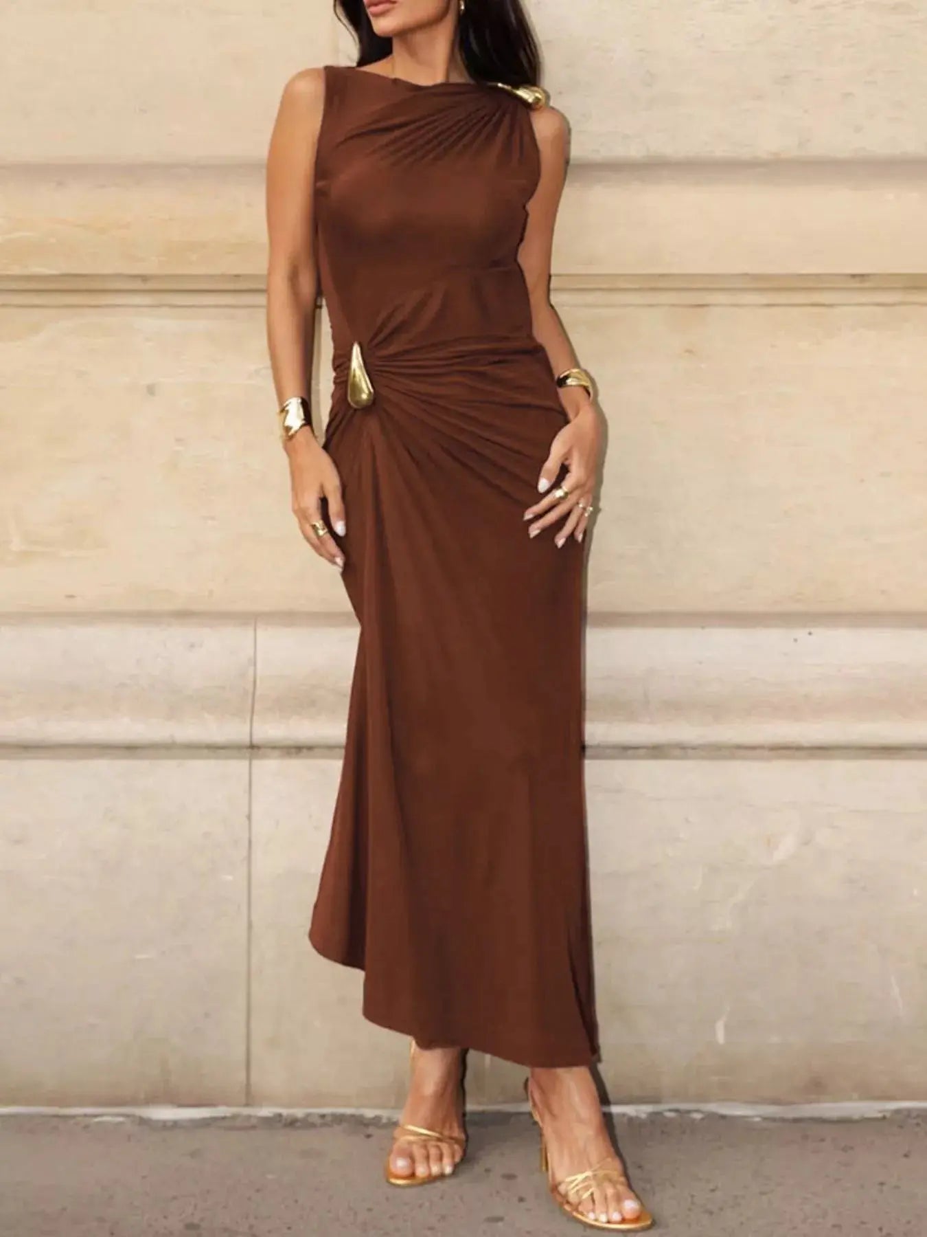 Draped Sleeveless Bodycon Maxi Dress with Metal Decorative Simply Love