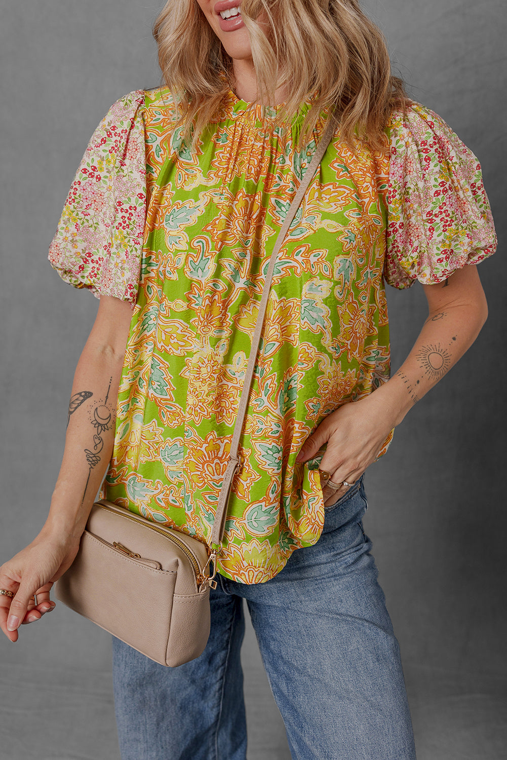 Multicolour Printed Contrast Bubble Sleeve Patchwork Blouse