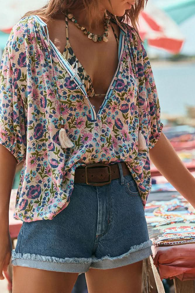 Vibrant Bohemian Floral V-Neck Half Sleeve Blouse in Multi-Color