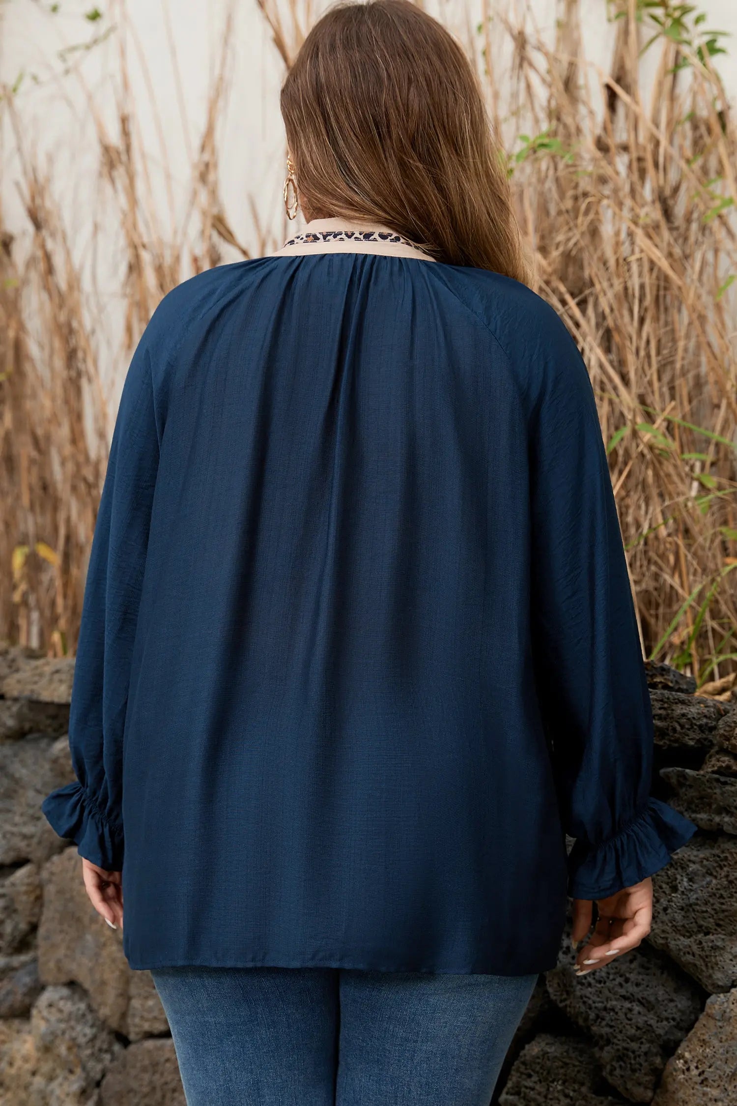 Navy Blue Patchwork Leopard Collar Plus Size Blouse With Flounce Sleeves Dear-Lover Dropshipping