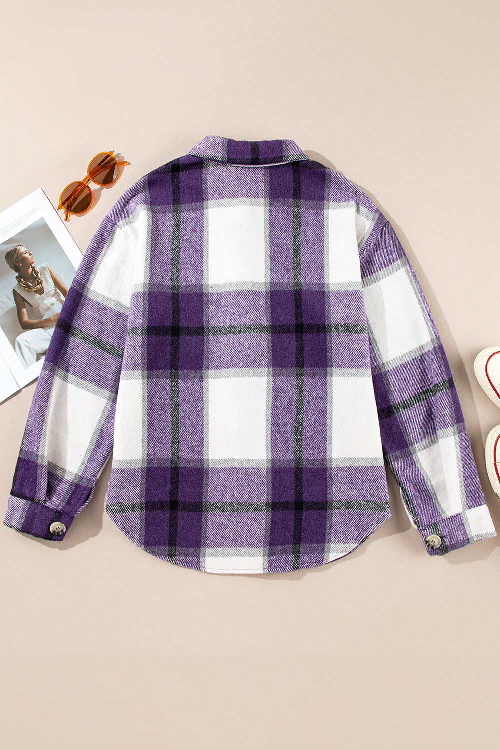 Purple Plaid Color Block Buttoned Long Sleeve Jacket With Pocket For Women Cozy Everyday Outerwear Dear-Lover Dropshipping