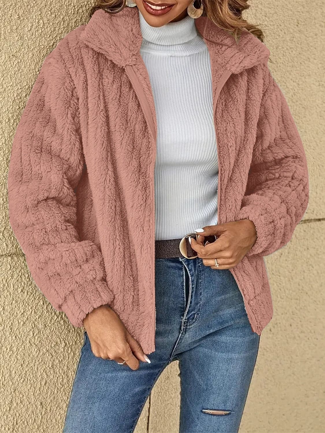 Plush Zip Up Long Sleeve Jacket.