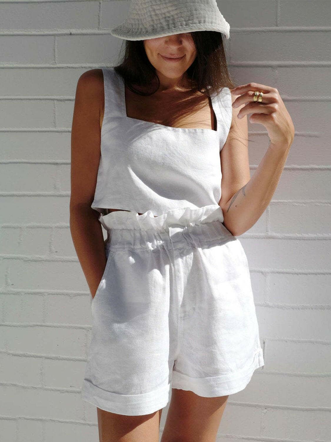 Square Neck Sleeveless Top and Shorts Set.