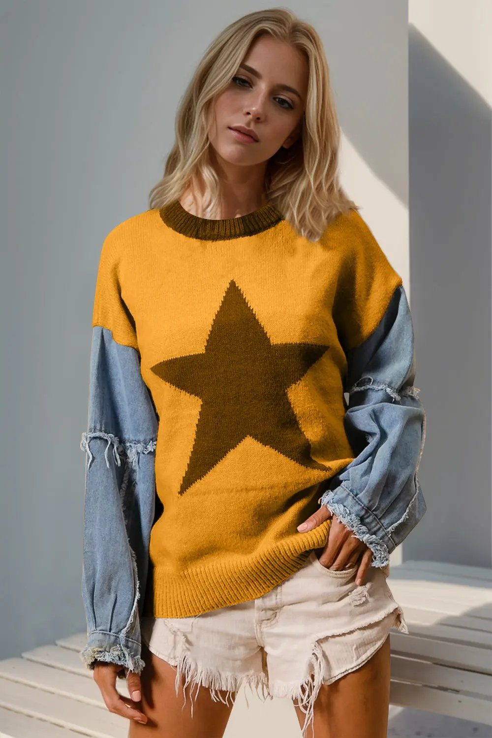 Double Take Full Size Star Pattern Raw Edge Long Sleeve Sweater - Love Salve