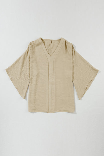 Parchment V neck crinkled blouse with wide sleeves