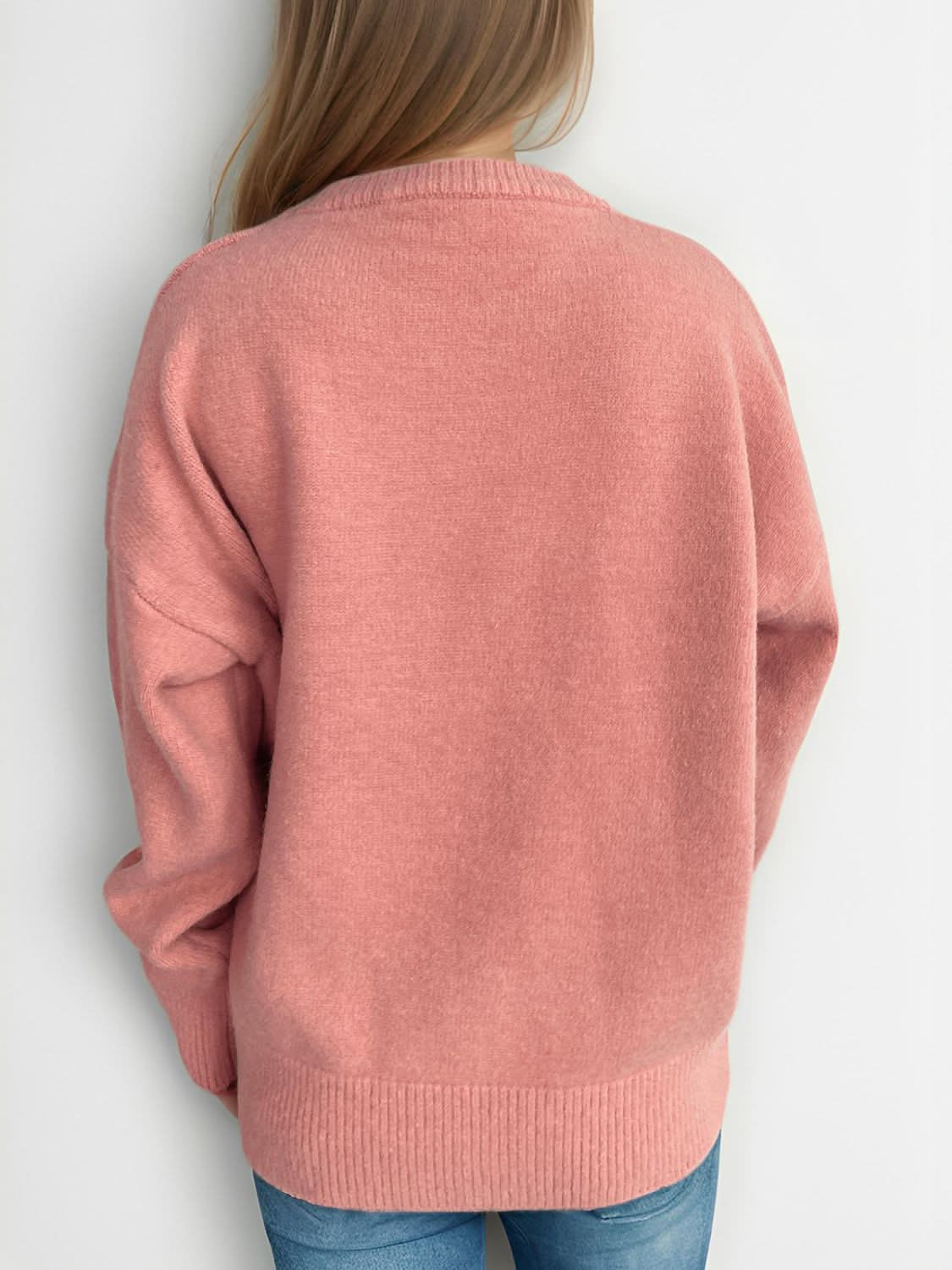 Round Neck Dropped Shoulder Long Sleeve Sweater