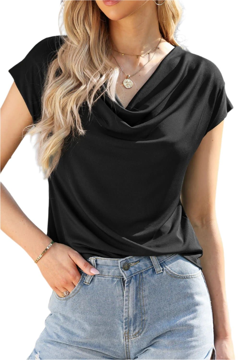 Cowl Neck Short Sleeve T-Shirt.