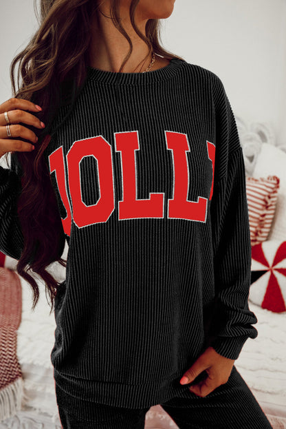 Black Jolly Corded Long Sleeve Top And Pockets Pants Set