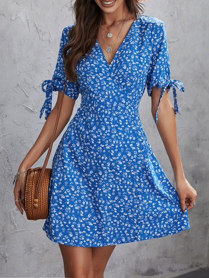 Floral Mini Dress With Short Sleeves And Sheer Tie Detail