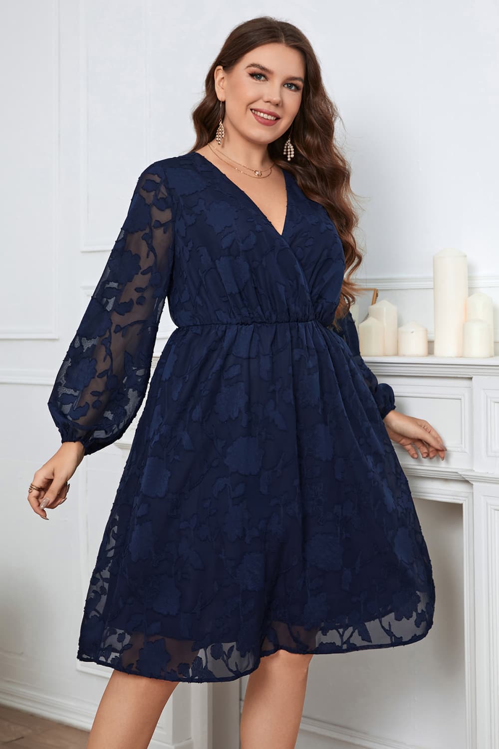 Melo Apparel Plus Size Surplice Neck Balloon Sleeve Dress.