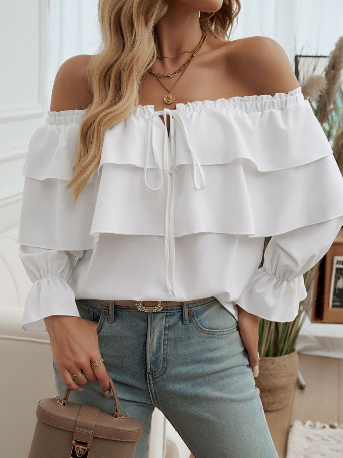 Off-Shoulder Flounce Sleeve Blouse.