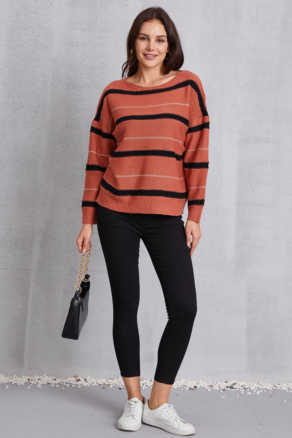 Striped Round Neck Dropped Shoulder Sweater.