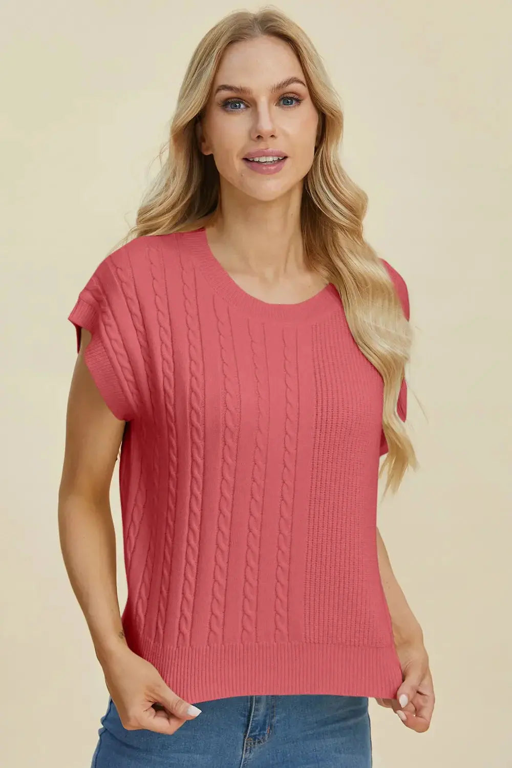 Double Take Full Size Cable-Knit Round Neck Short Sleeve Sweater - Love Salve