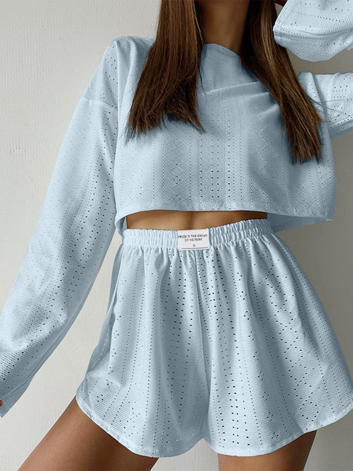 Eyelet Round Neck Top and Shorts Set.