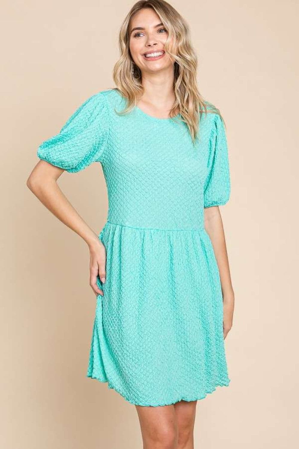 Culture Code Full Size Textured Round Neck Puff Sleeve Dress.