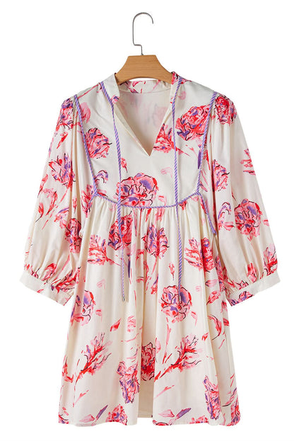 Charming Pink Floral V-Neck Mini Dress with Balloon Sleeves