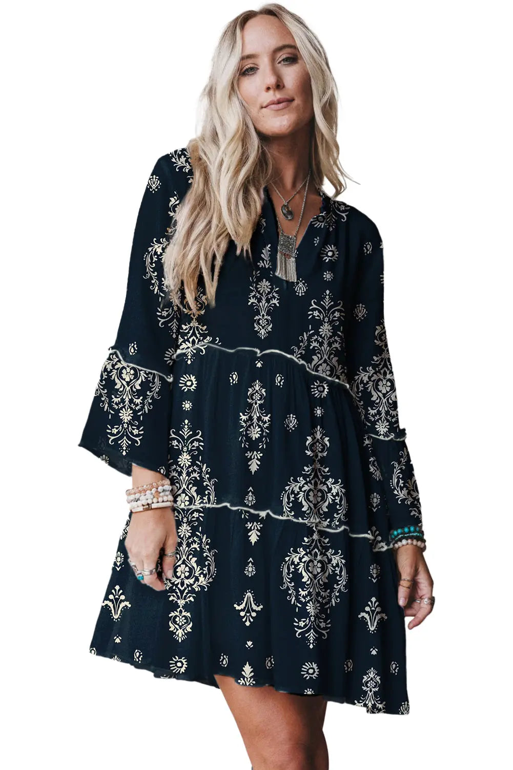 Blue Boho Floral Print Lettuce Trim Mini Dress With Three Quarter Sleeves Dear-Lover Dropshipping
